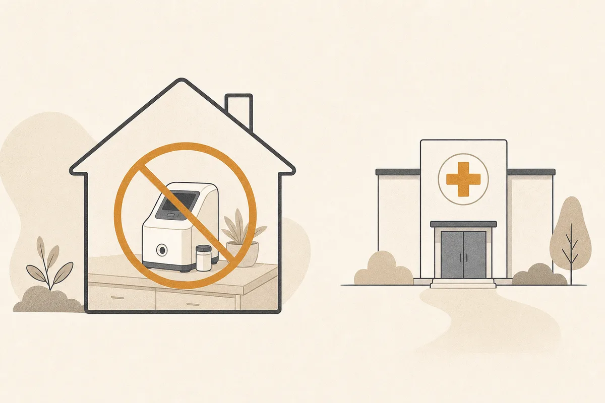 Illustration of a house outline with a crossed-out countertop device and a clinic cross symbol standing apart