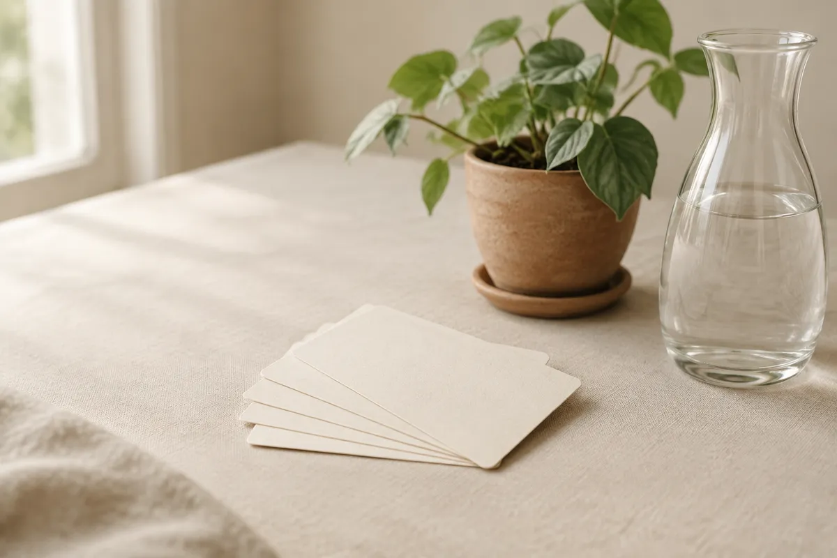 A few blank cream cards beside a potted plant and a glass carafe of water