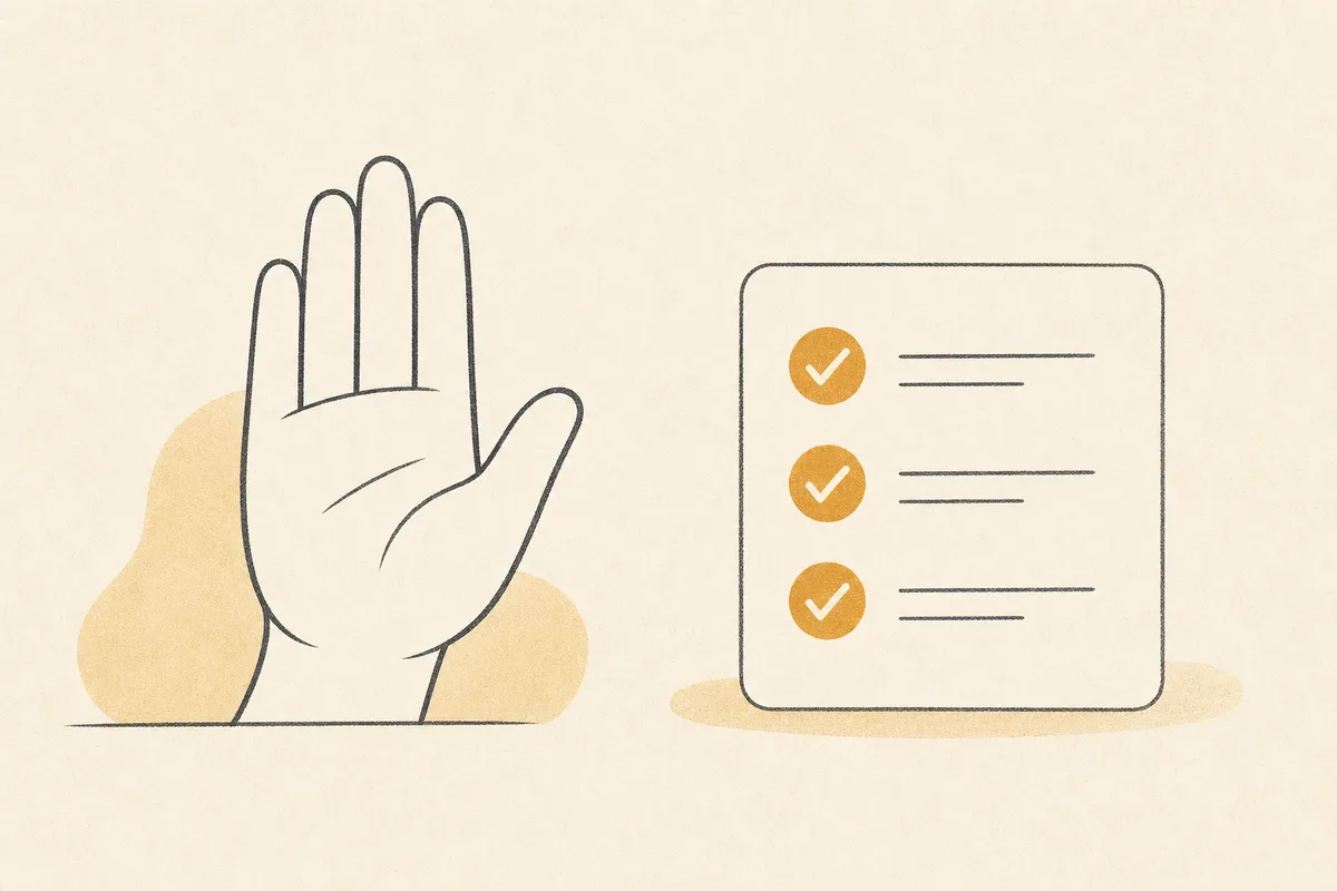 Illustration of an open hand signalling pause beside a checklist card with amber check marks