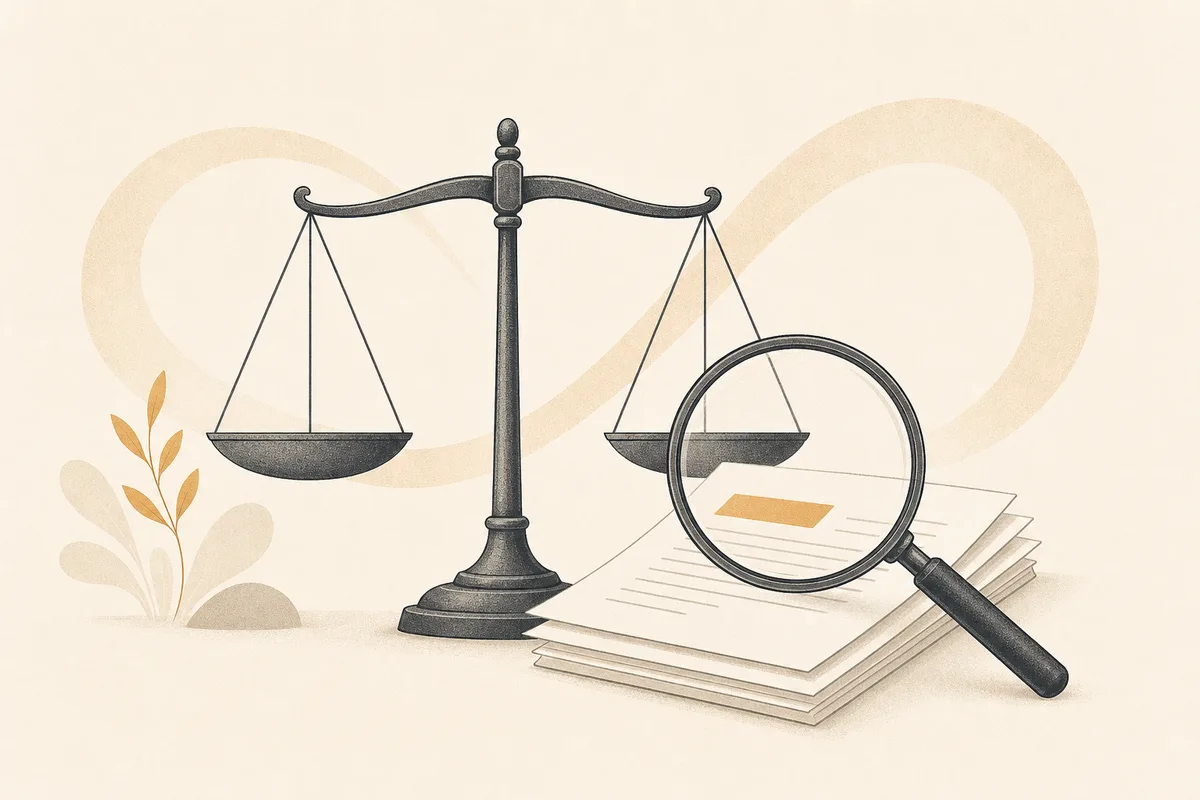 Illustration of a balanced scale with a magnifying glass over a small stack of papers