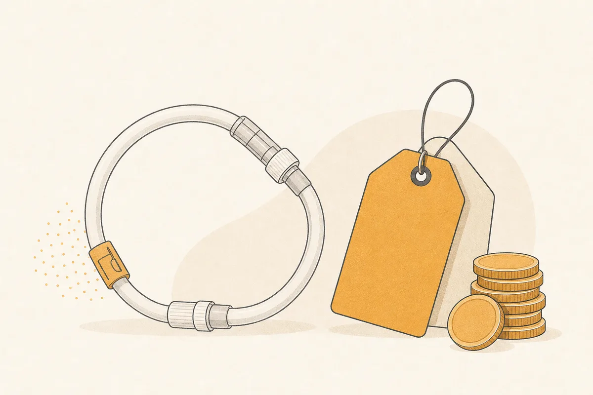 Illustration of simple price tags and a small stack of coins beside a closed tubing loop
