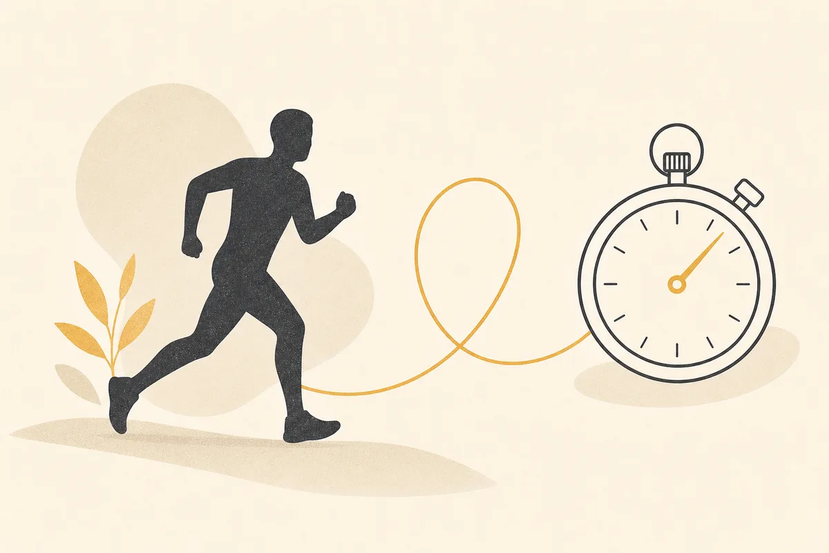 Illustration of a running figure silhouette beside a soft loop line and a stopwatch