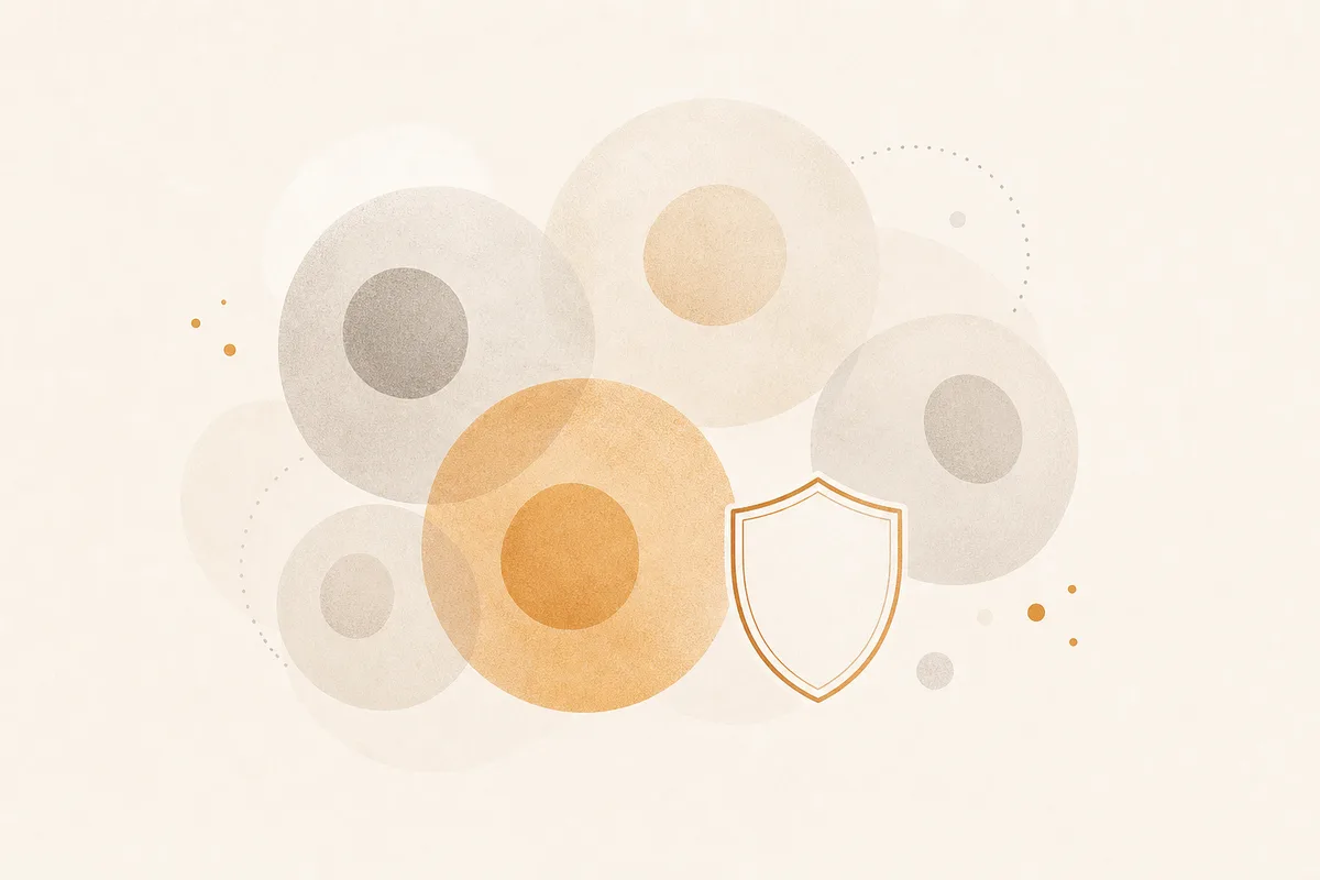 Illustration of soft overlapping circles suggesting cells with a small shield among them