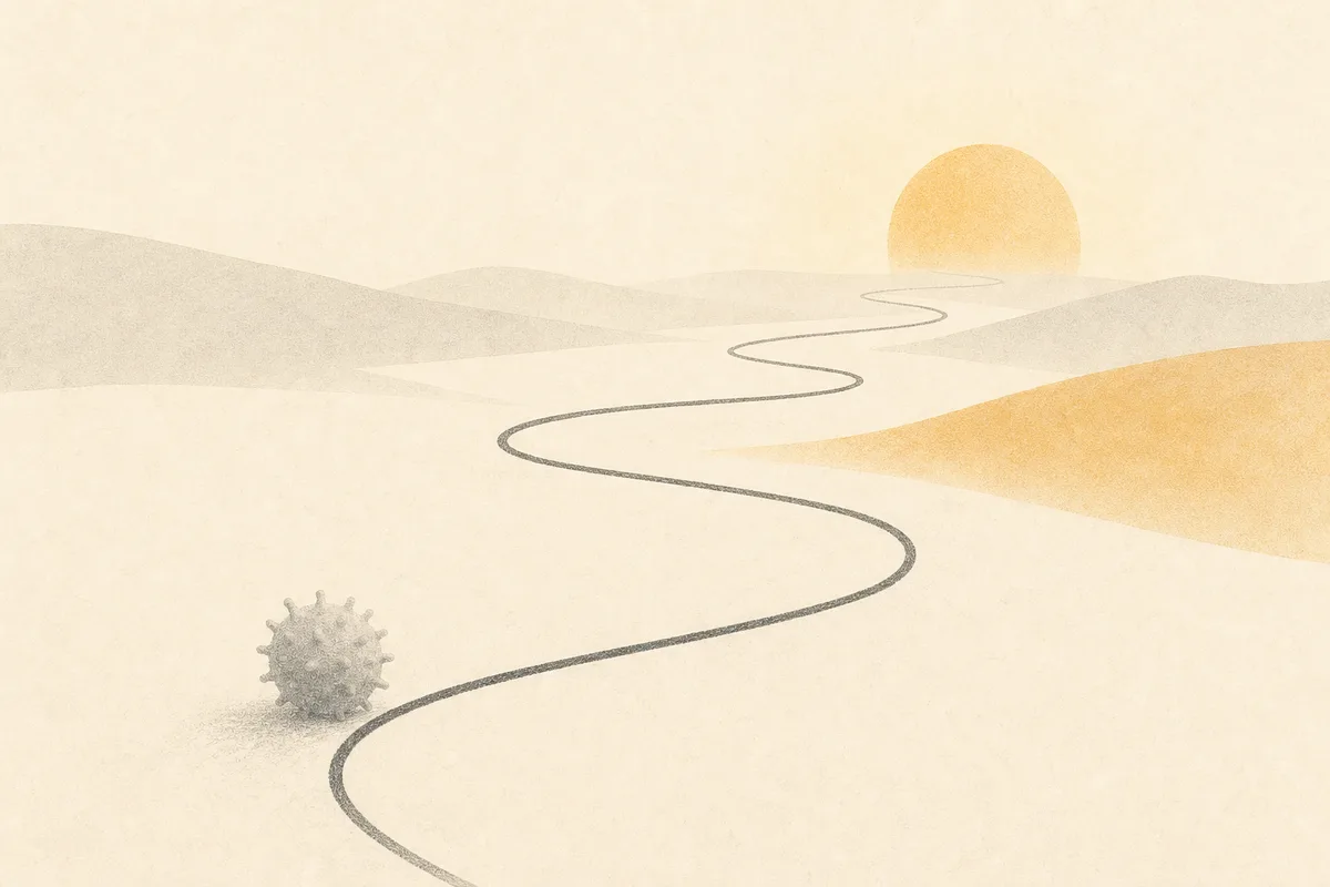 Illustration of a long winding path to the horizon with a small faded spiky sphere near the start