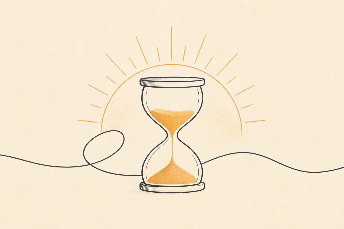 Illustration of an hourglass with a loop line and a rising sun arc behind it