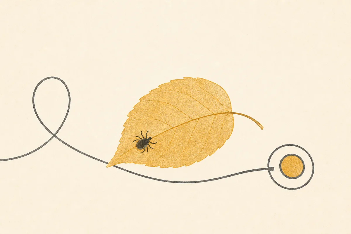 Illustration of a leaf with a tiny tick silhouette and a clinical loop line crossing the frame