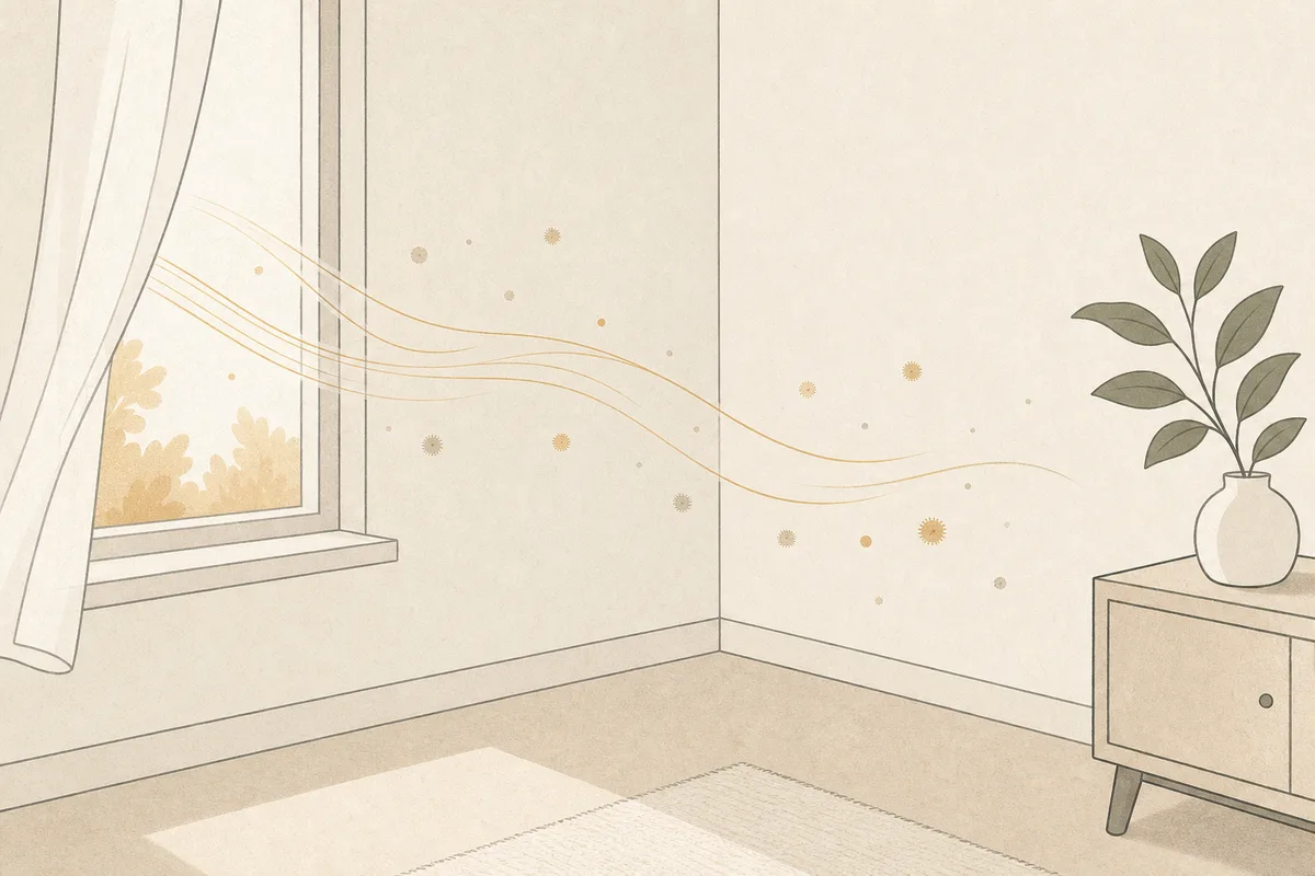 Illustration of a room corner with a few soft spore dots and a flowing line of fresh air