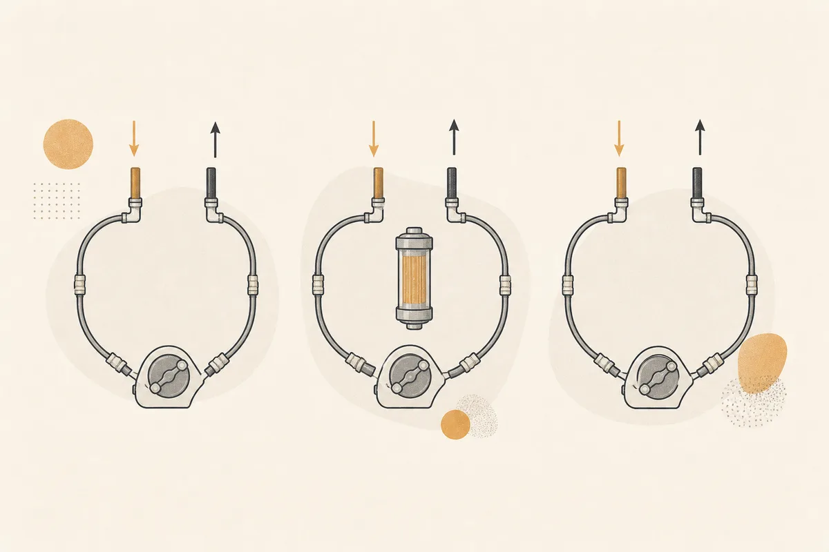 Illustration of three small loop diagrams side by side, only one with a filter cylinder