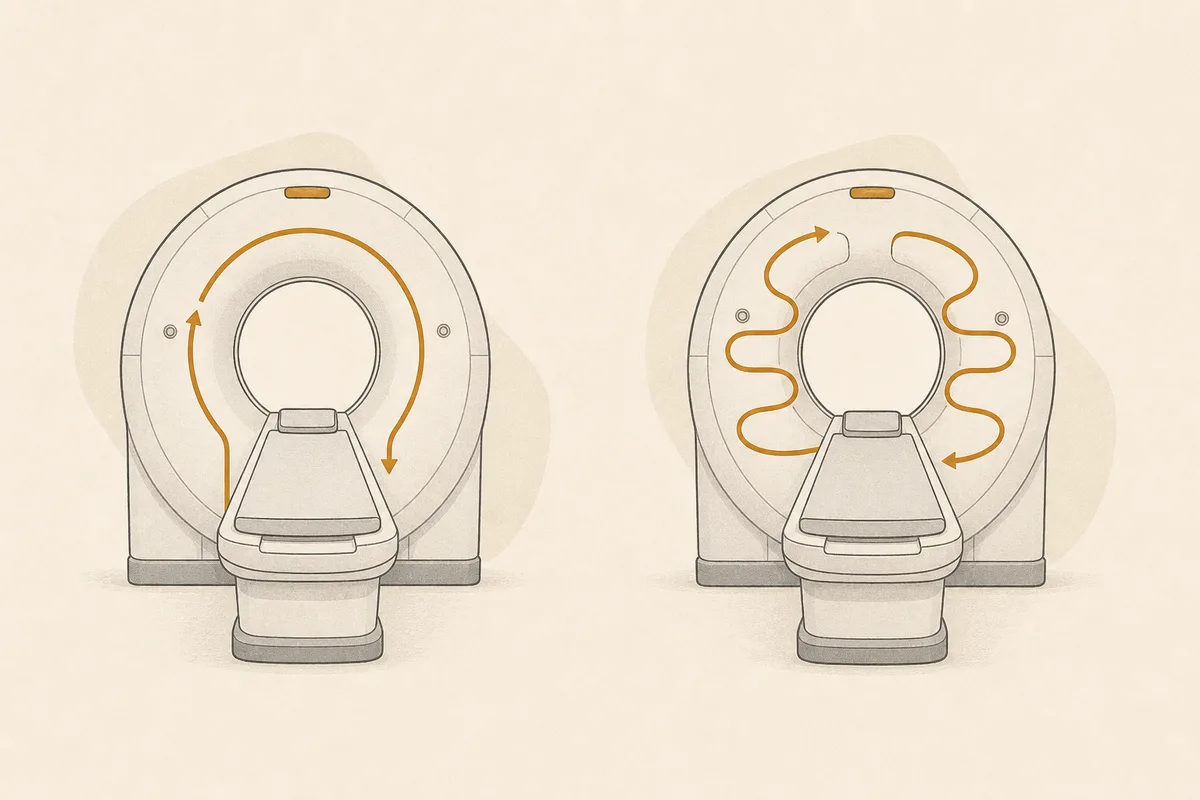 Illustration of two similar medical machines side by side with different internal paths