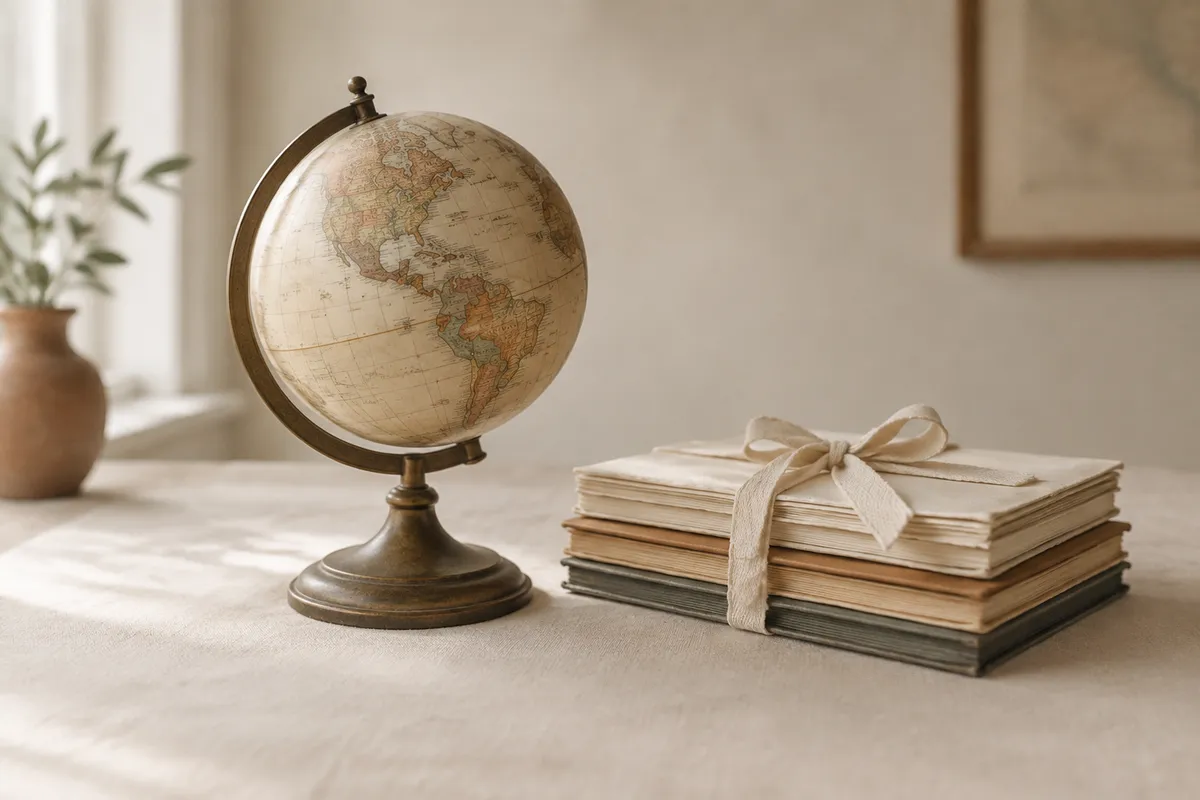 An antique desk globe beside a stack of bound documents tied with a cotton ribbon