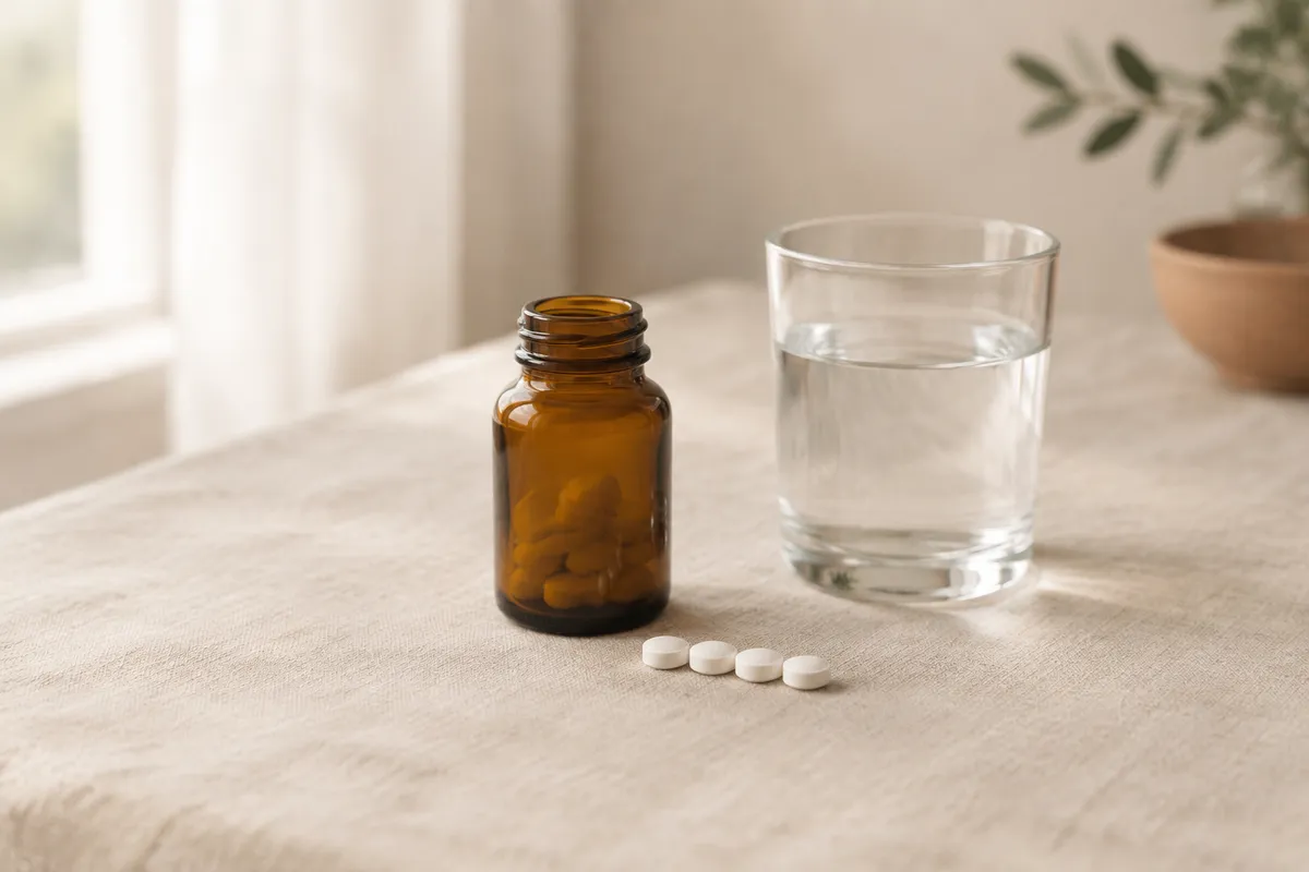 A small amber bottle without a label, a few white tablets, and a glass of water on linen