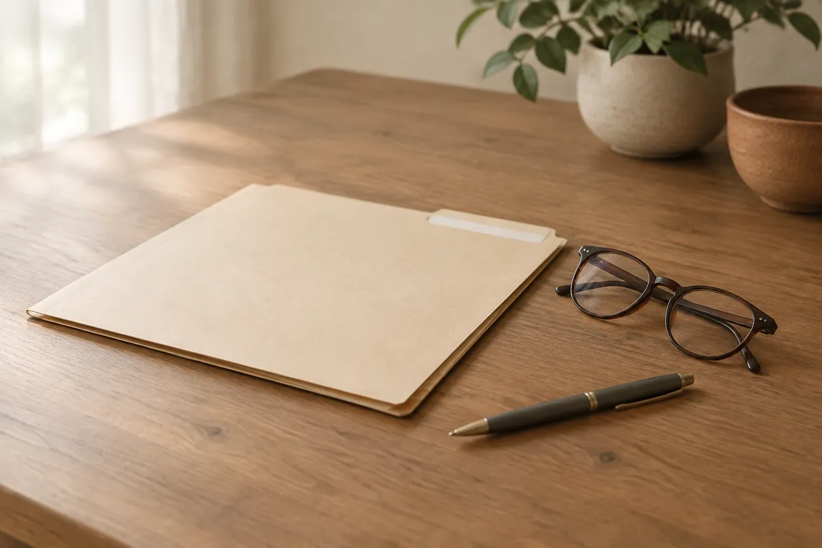 A closed manila folder with an empty tab, reading glasses, and a pen on a wooden desk
