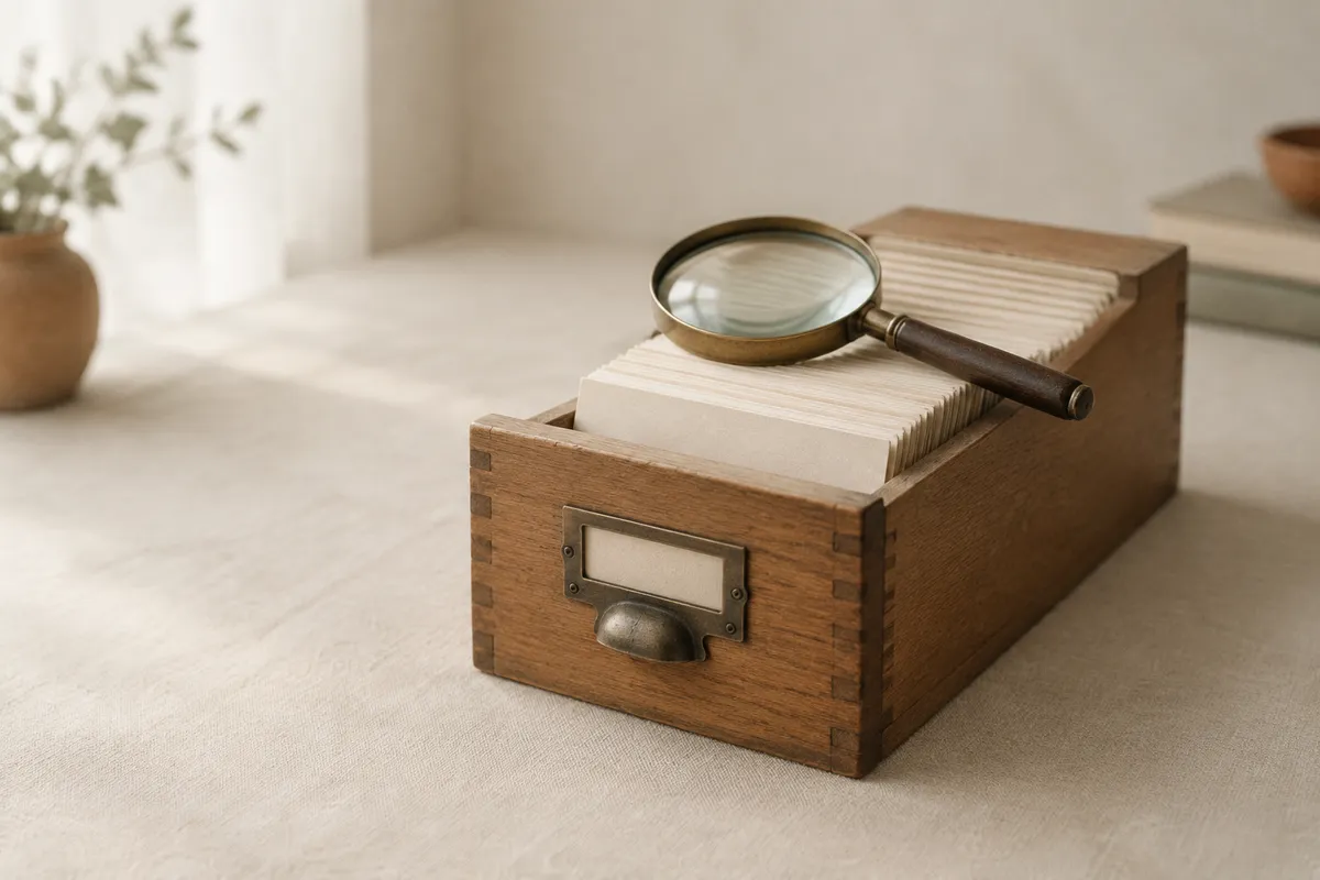 A wooden card-index drawer of blank cards with a magnifying glass resting on top