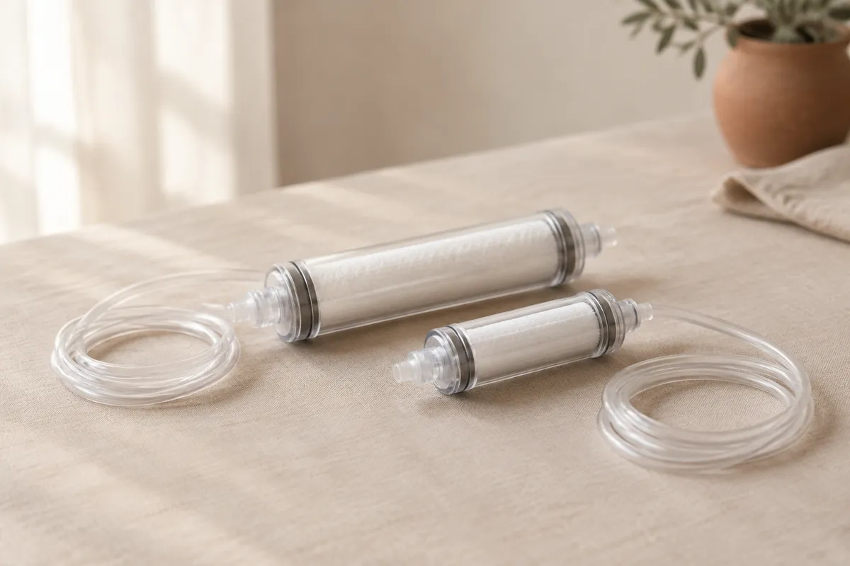 Two clear filter cartridges of different sizes on linen, each with a coil of clear tubing