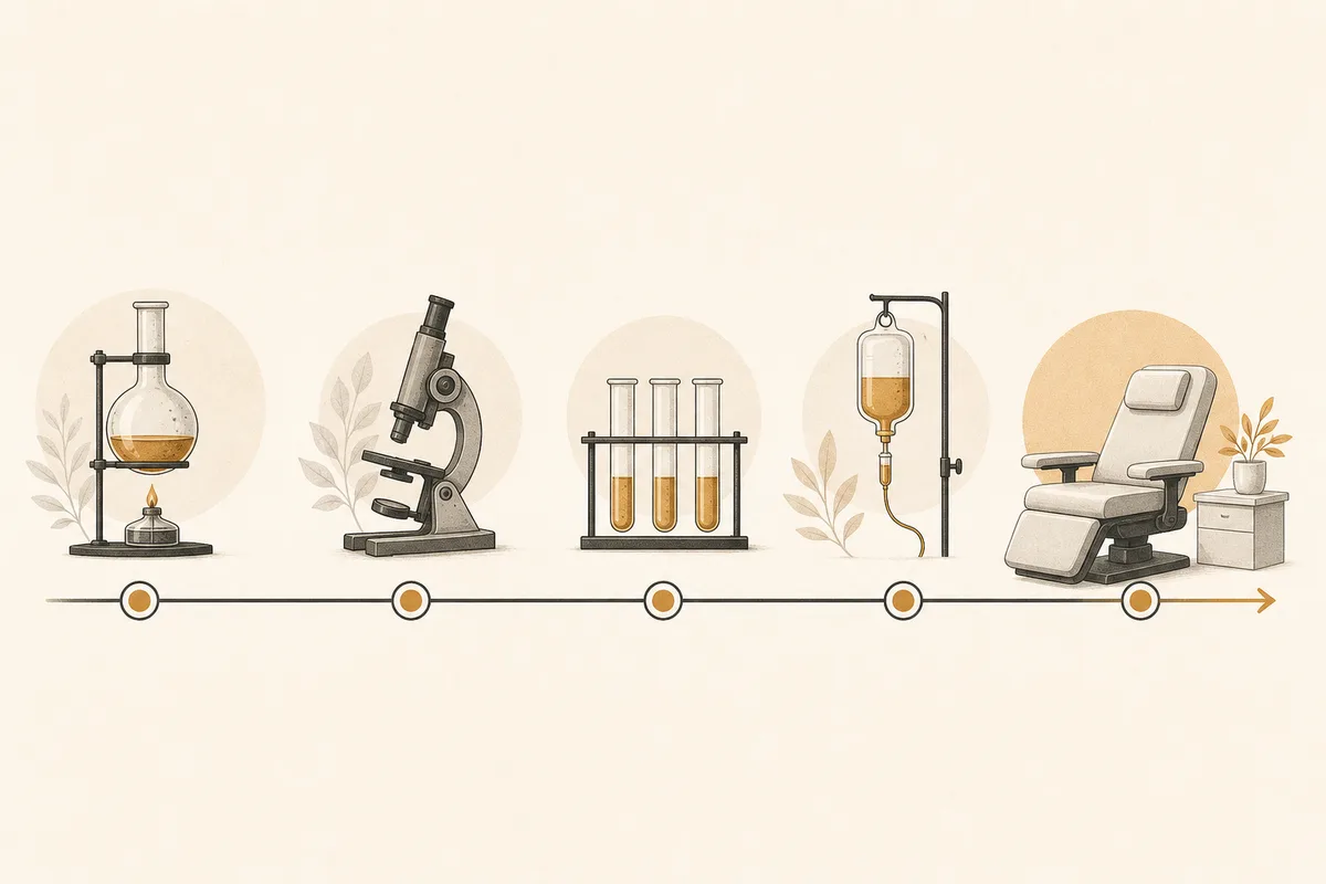 Illustration of a timeline running from an antique laboratory flask to a modern treatment chair