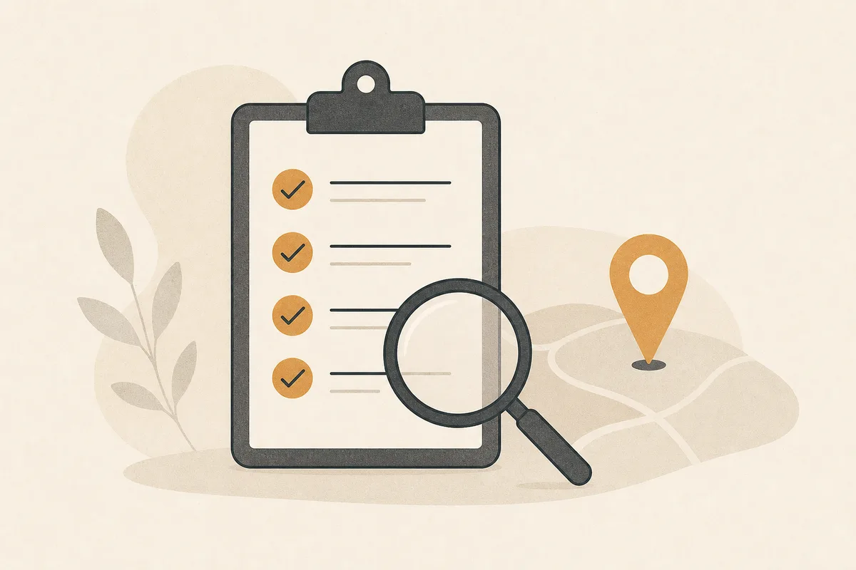 Illustration of a clipboard checklist with a magnifying glass and a single map pin