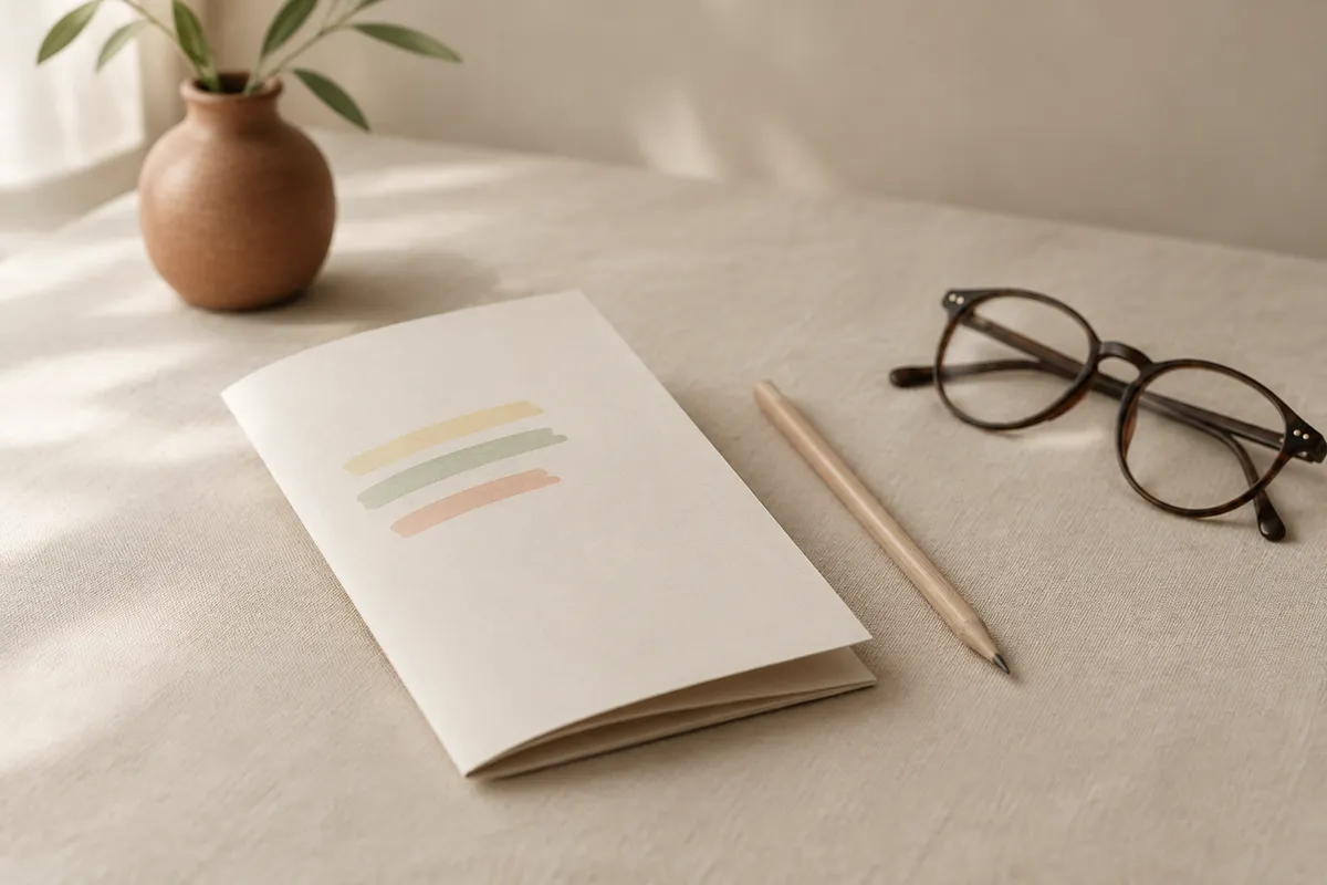 A folded blank brochure with a few soft highlighter strokes, beside a pencil and reading glasses