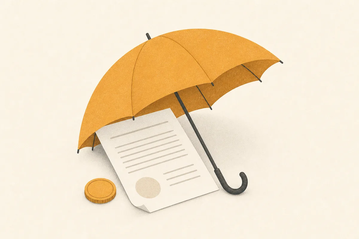 Illustration of an umbrella partly covering a document and a coin, with part of the document left in the open