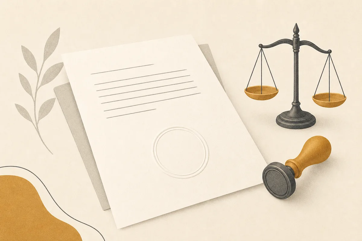 Illustration of a document with an unstamped round seal and a small set of legal scales