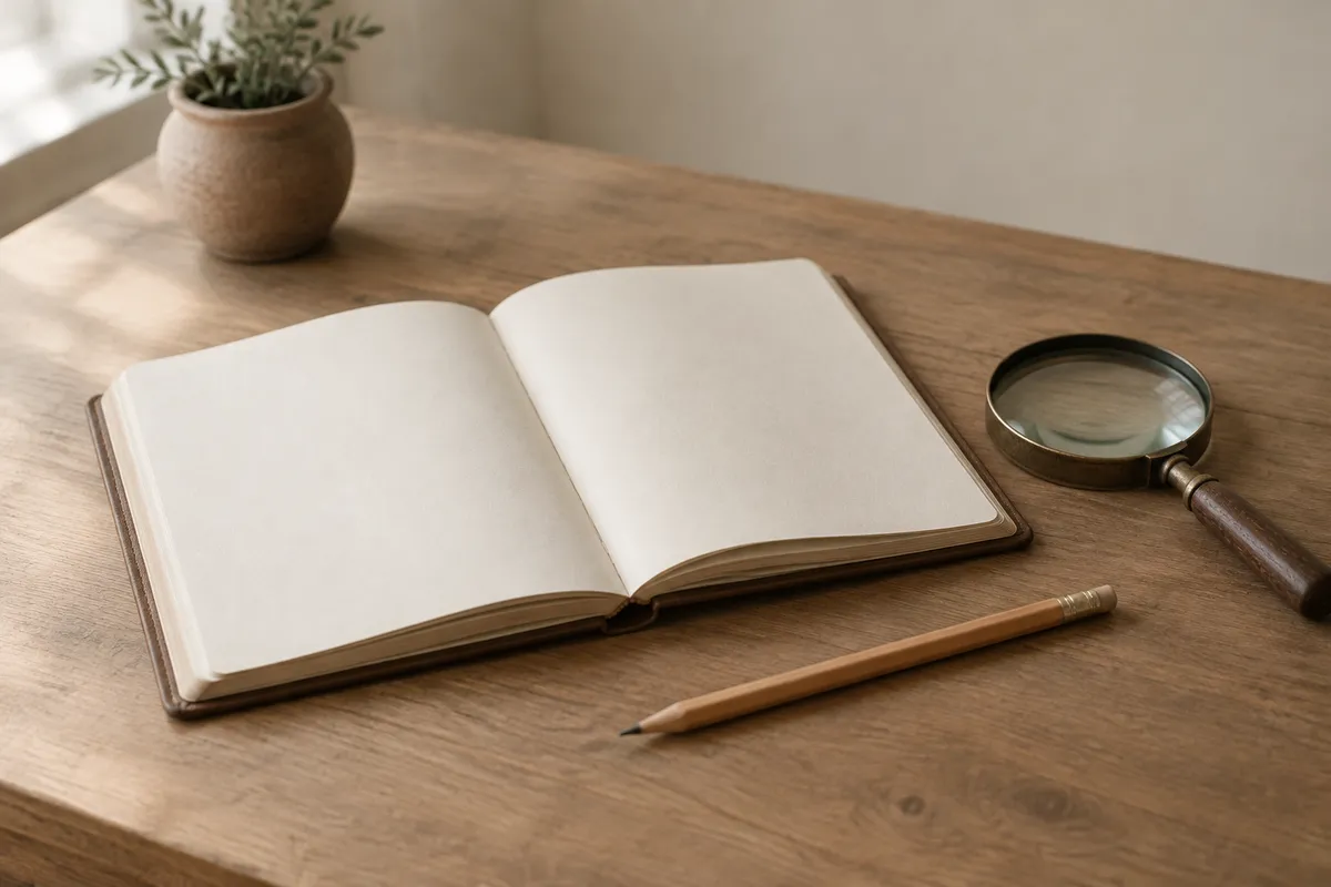 An open logbook with blank pages, a pencil, and a magnifying glass on a wooden desk