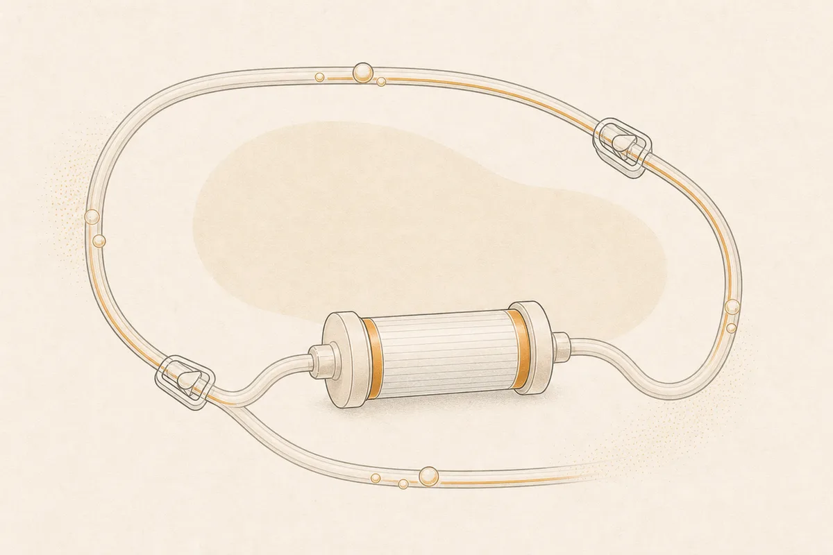 Illustration of a closed tubing loop passing through a small filter cylinder with soft gas bubbles, an abstract diagram of an extracorporeal circuit