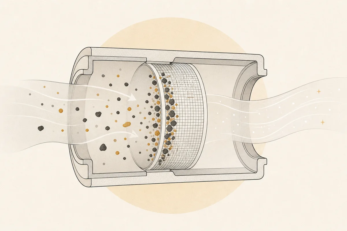 Illustration of a cross-section of a cylindrical filter with tiny particles caught in a fine mesh