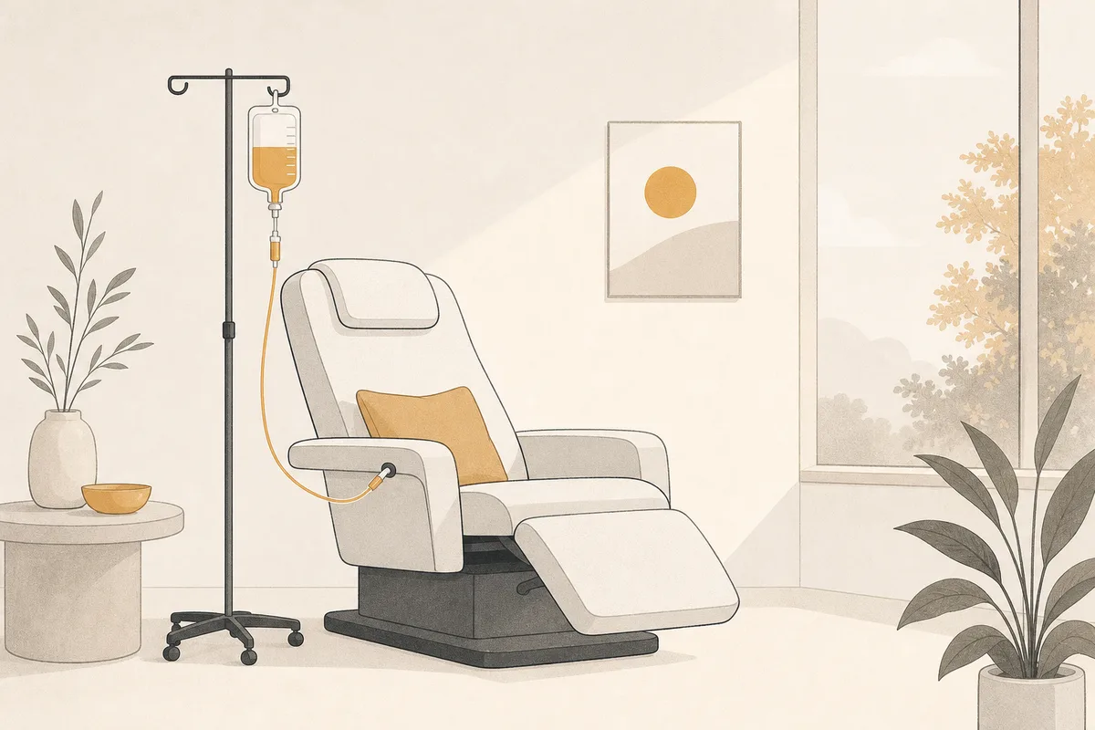 Illustration of a reclining treatment chair with an IV pole in a calm room with a window