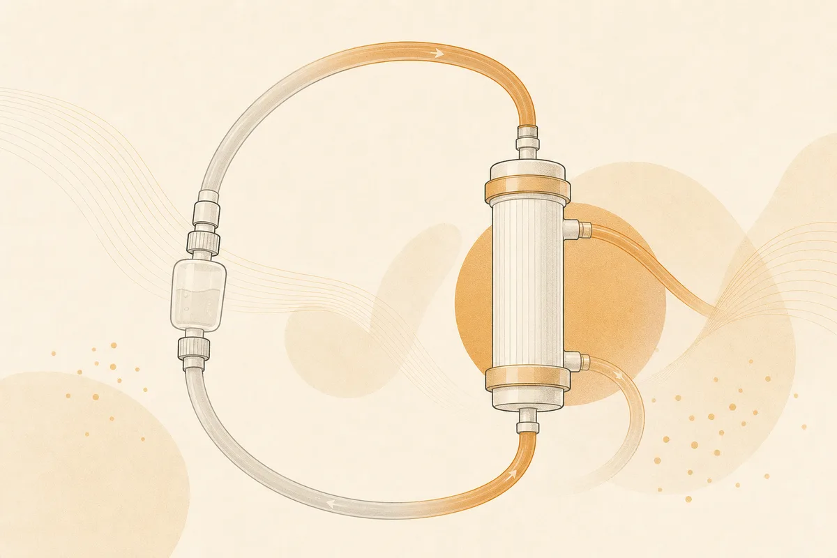 Illustration of a closed tubing loop and filter cylinder, an abstract symbol of blood circulating outside the body and returning